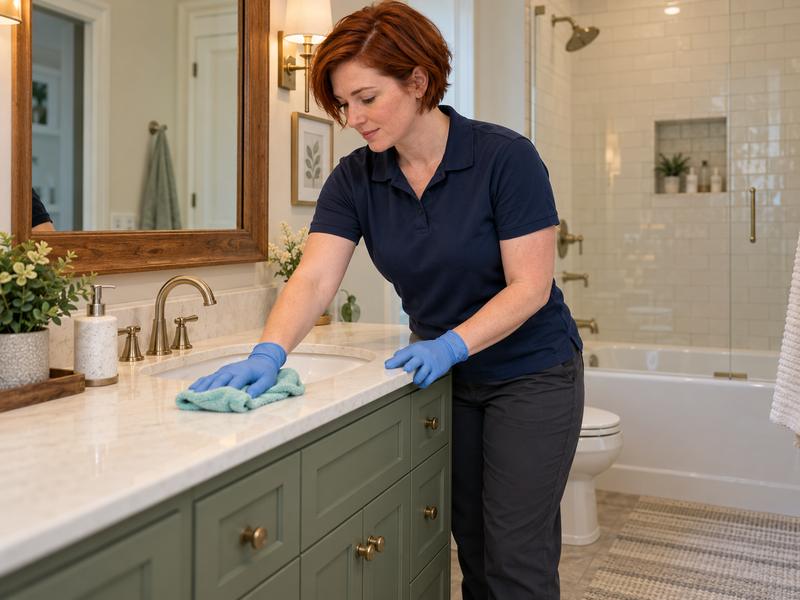 Cleaner wiping a bathroom vanity countertop