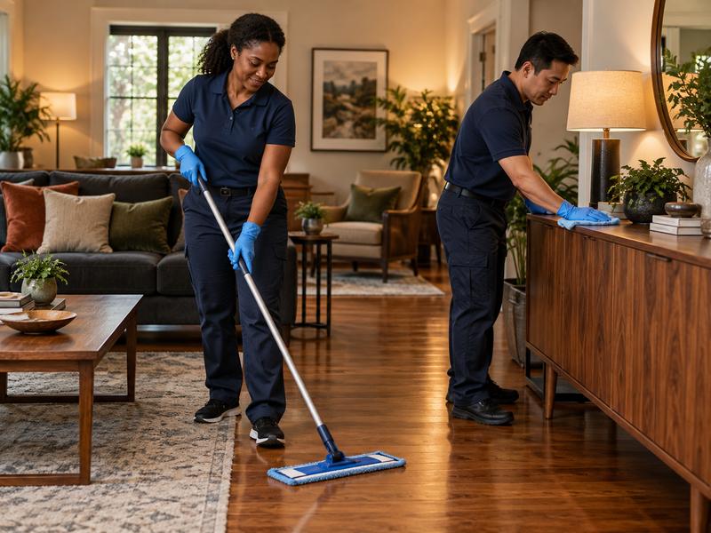 Two cleaners mopping and dusting a living room