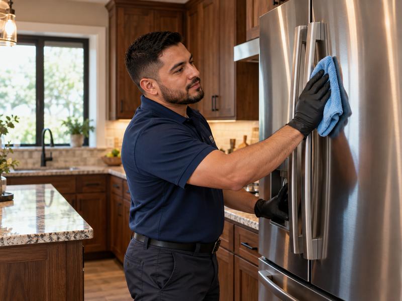Cleaner wiping down a stainless steel refrigerator in a kitchen