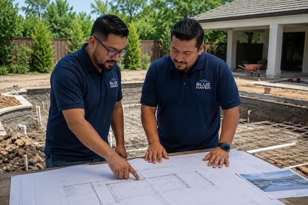 Meridian Pools team reviewing blueprints