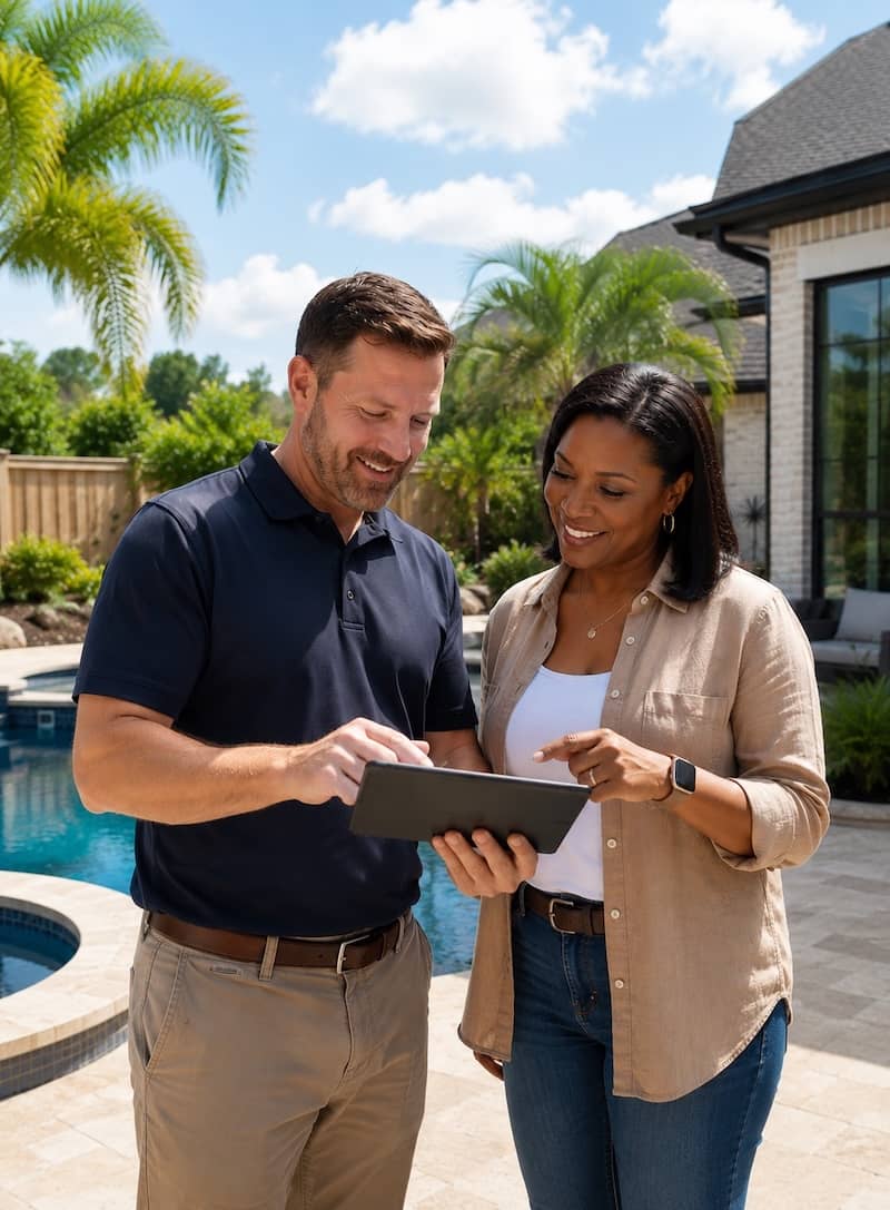 Meridian Pools team consulting with homeowners