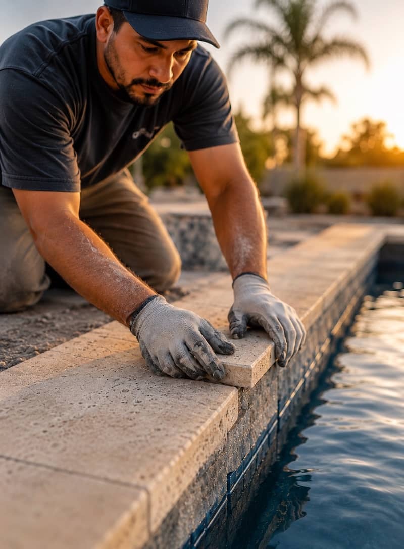 Meridian Pools craftsman finishing pool coping