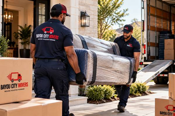 Two movers carrying a wrapped sofa to the truck
