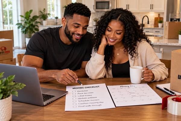 Couple reviewing their moving checklist at the kitchen table