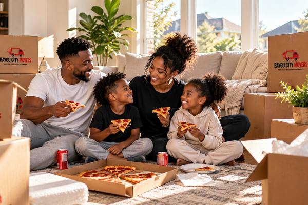 Family sharing pizza on the floor of their new home