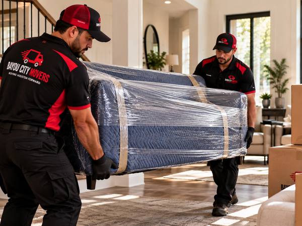 Two movers carrying a wrapped sofa through a home entry