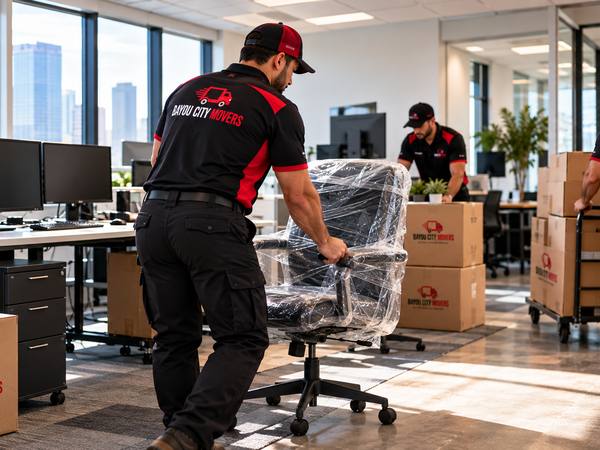 Crew relocating wrapped office chairs and boxes
