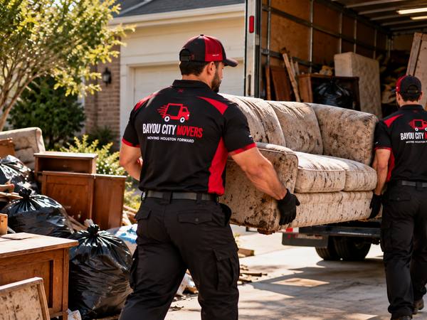 Movers hauling an old couch to the truck for removal