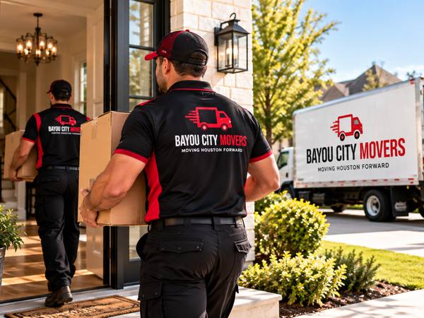 Bayou City Movers crew carrying boxes into a Houston home