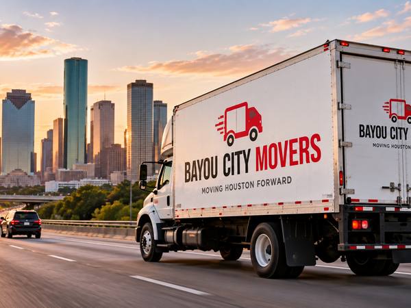Bayou City Movers truck driving toward the Houston skyline at sunset