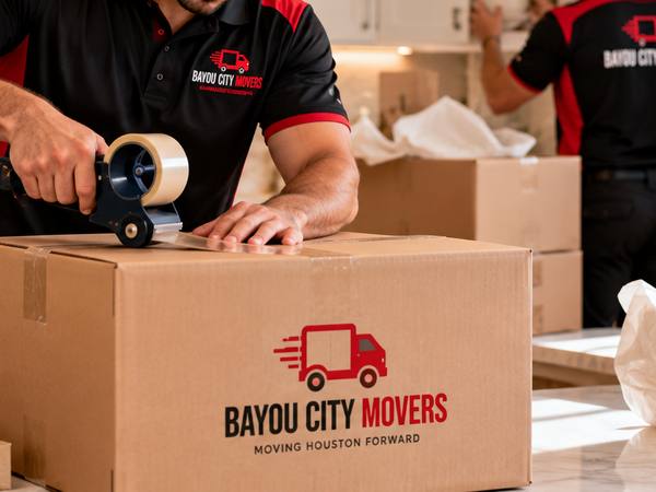 Sealed Bayou City Movers moving box with packing tape