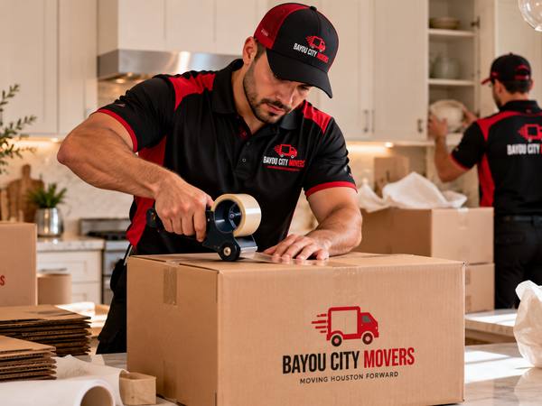 Mover taping a packed box in a client's kitchen