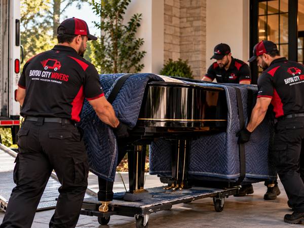 Crew rolling a padded grand piano up a truck ramp